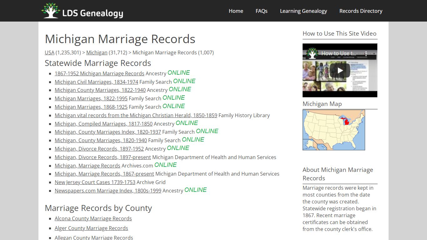 Michigan Marriage Records - LDS Genealogy
